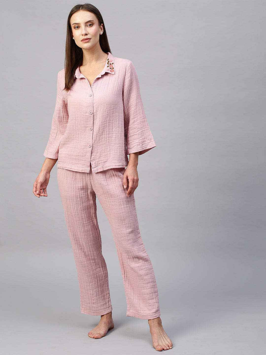 Crinkle Double Crepe Cotton Lounge Set W Embroidered Collar
