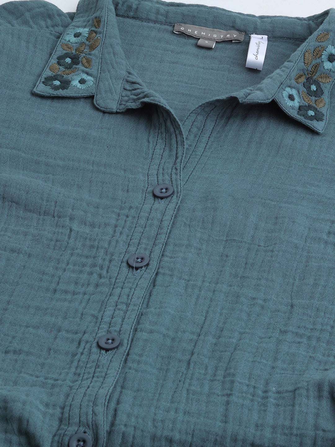Crinkle Double Crepe Cotton Lounge Set W Embroidered Collar