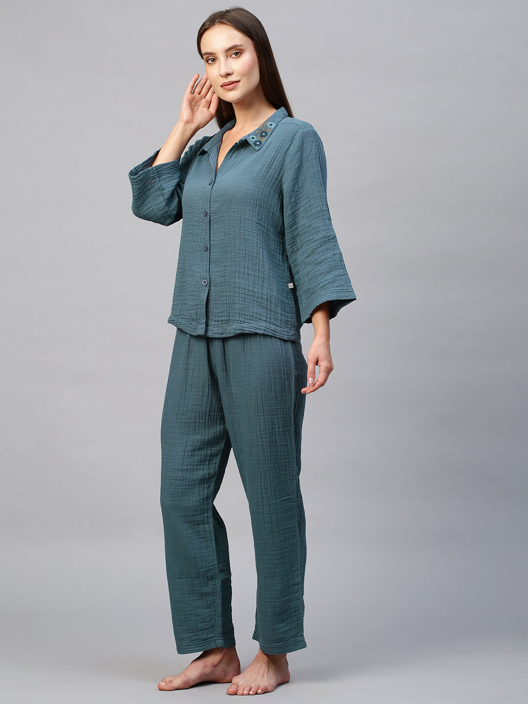 Crinkle Double Crepe Cotton Lounge Set W Embroidered Collar