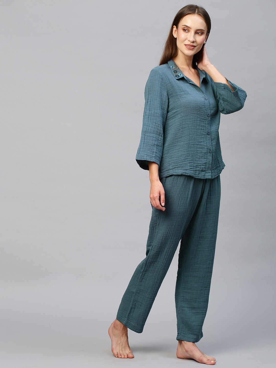 Crinkle Double Crepe Cotton Lounge Set W Embroidered Collar