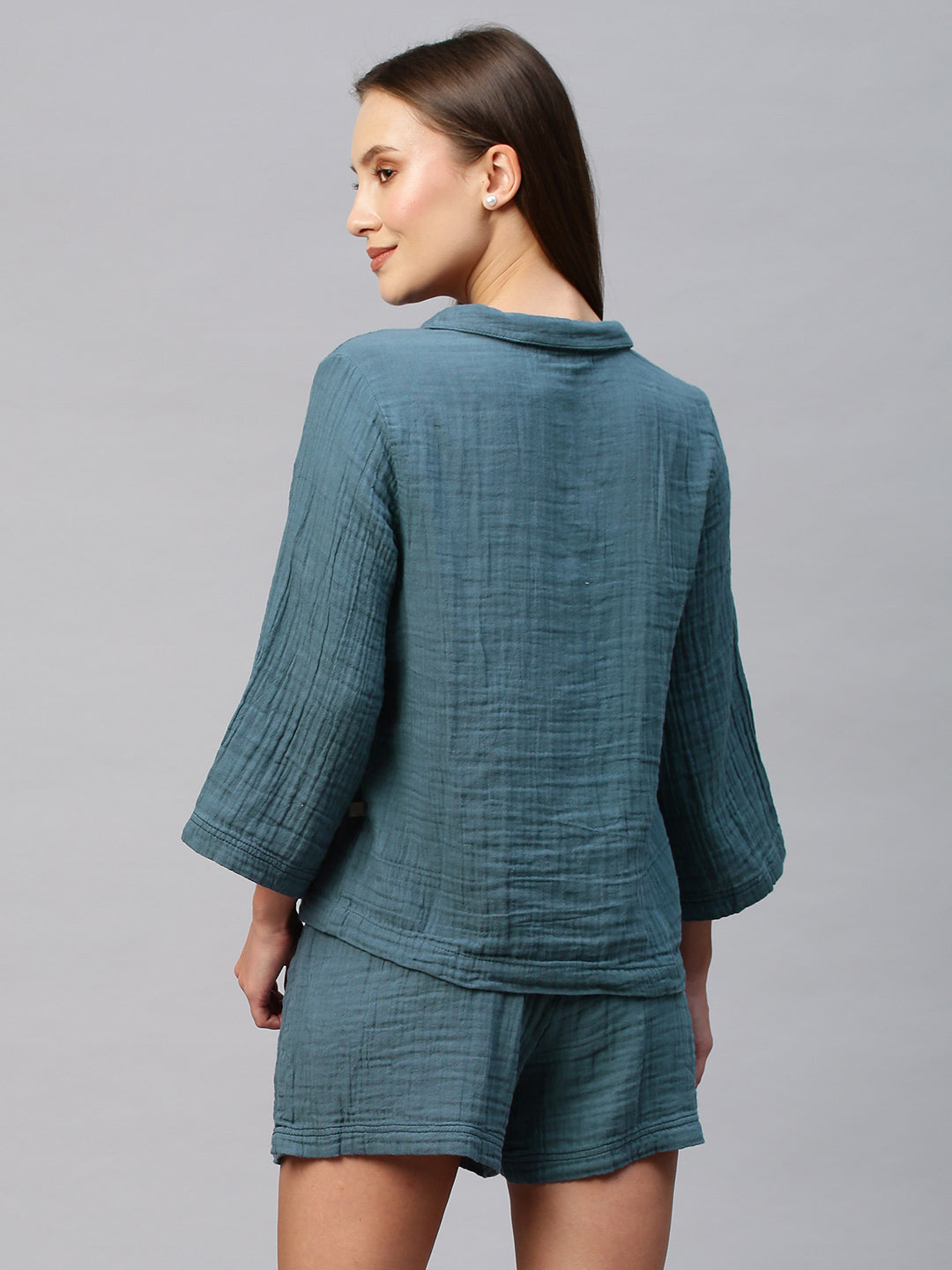 Crinkle Double Crepe Cotton Lounge Set W Embroidered Collar