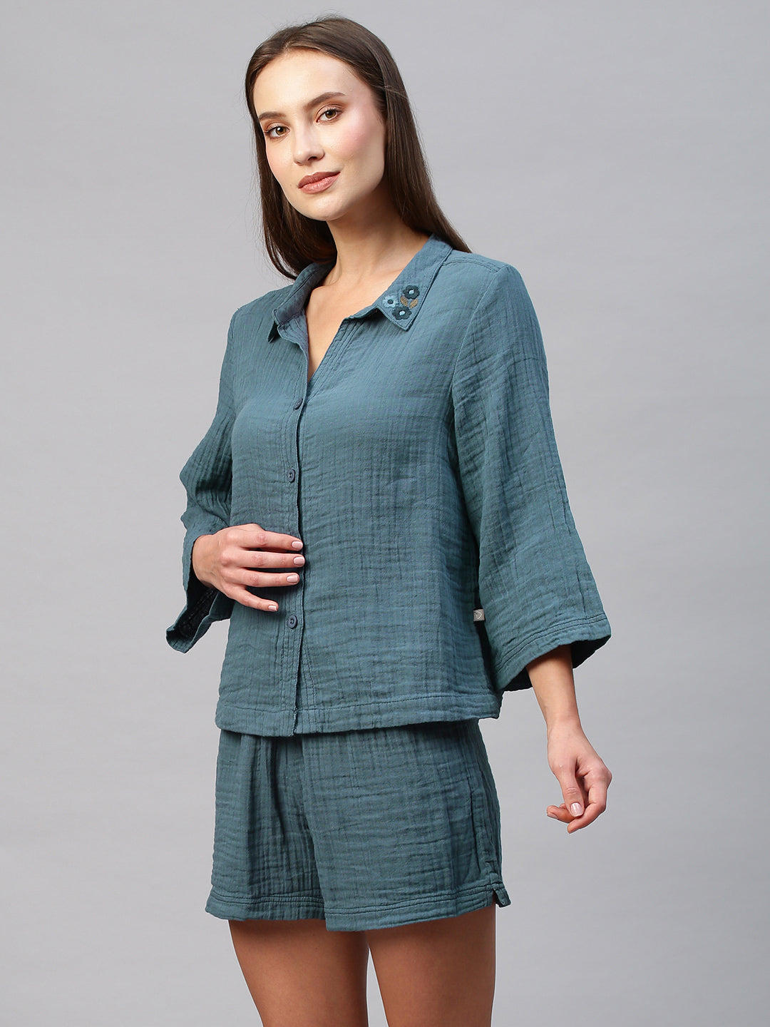 Crinkle Double Crepe Cotton Lounge Set W Embroidered Collar