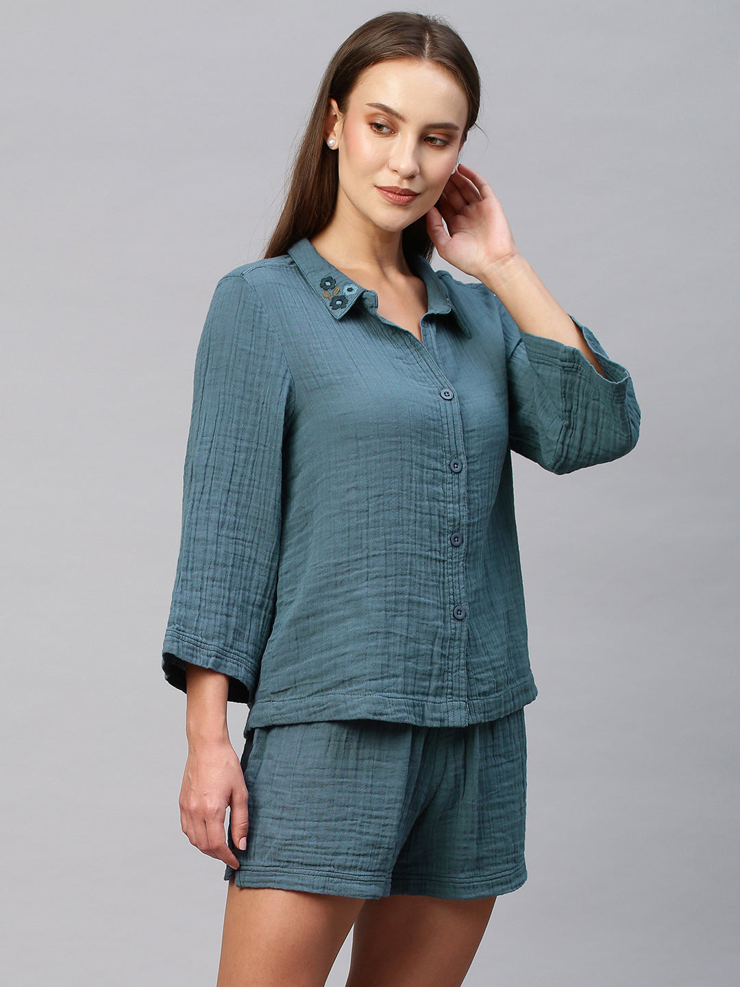 Crinkle Double Crepe Cotton Lounge Set W Embroidered Collar