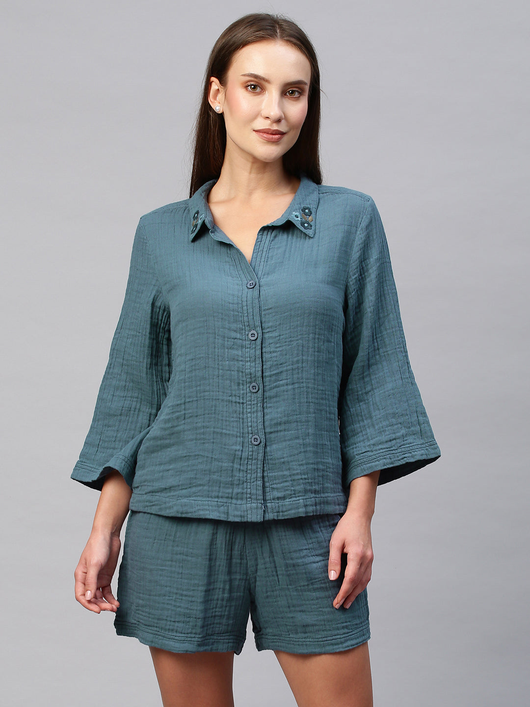Crinkle Double Crepe Cotton Lounge Set W Embroidered Collar