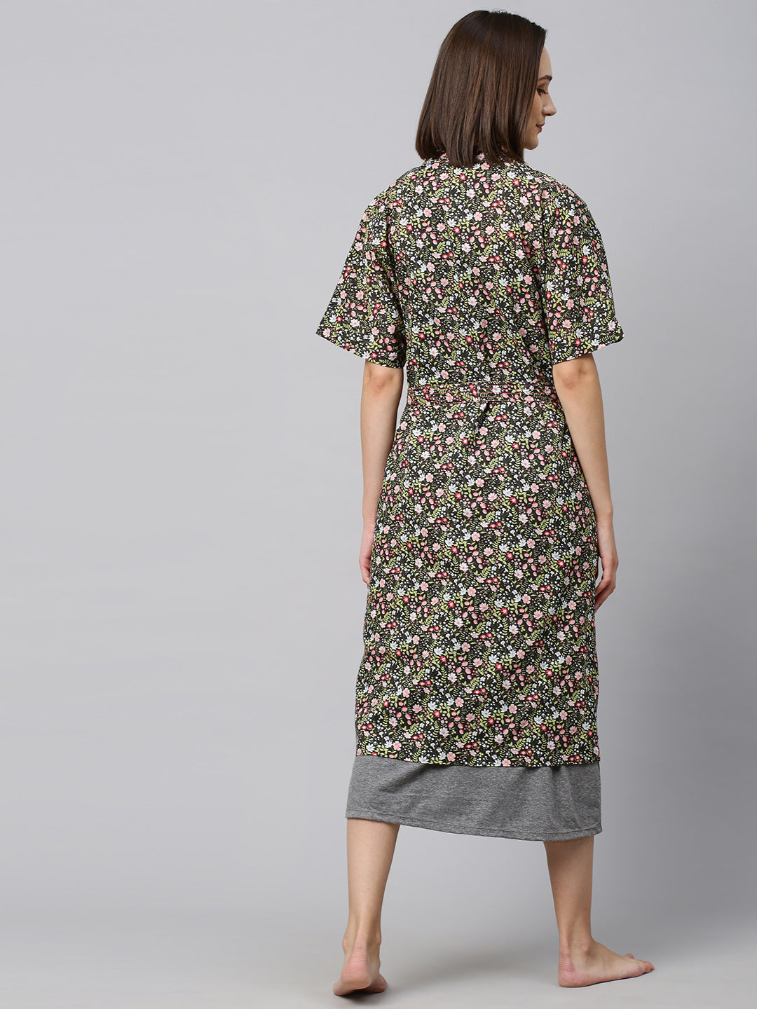 Knit A-Line Maxi Dress W/ Printed Cambric Kimono Wrap