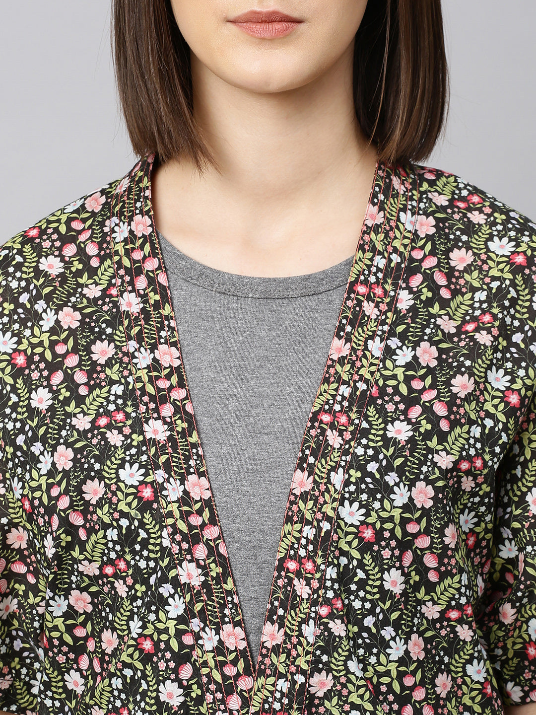 Knit A-Line Maxi Dress W/ Printed Cambric Kimono Wrap