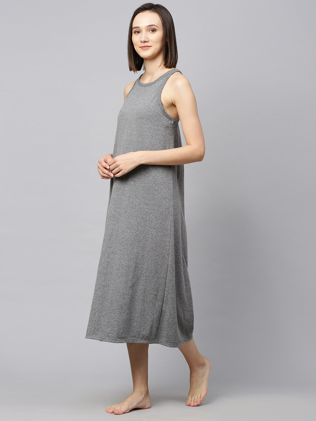 Knit A-Line Maxi Dress W/ Printed Cambric Kimono Wrap