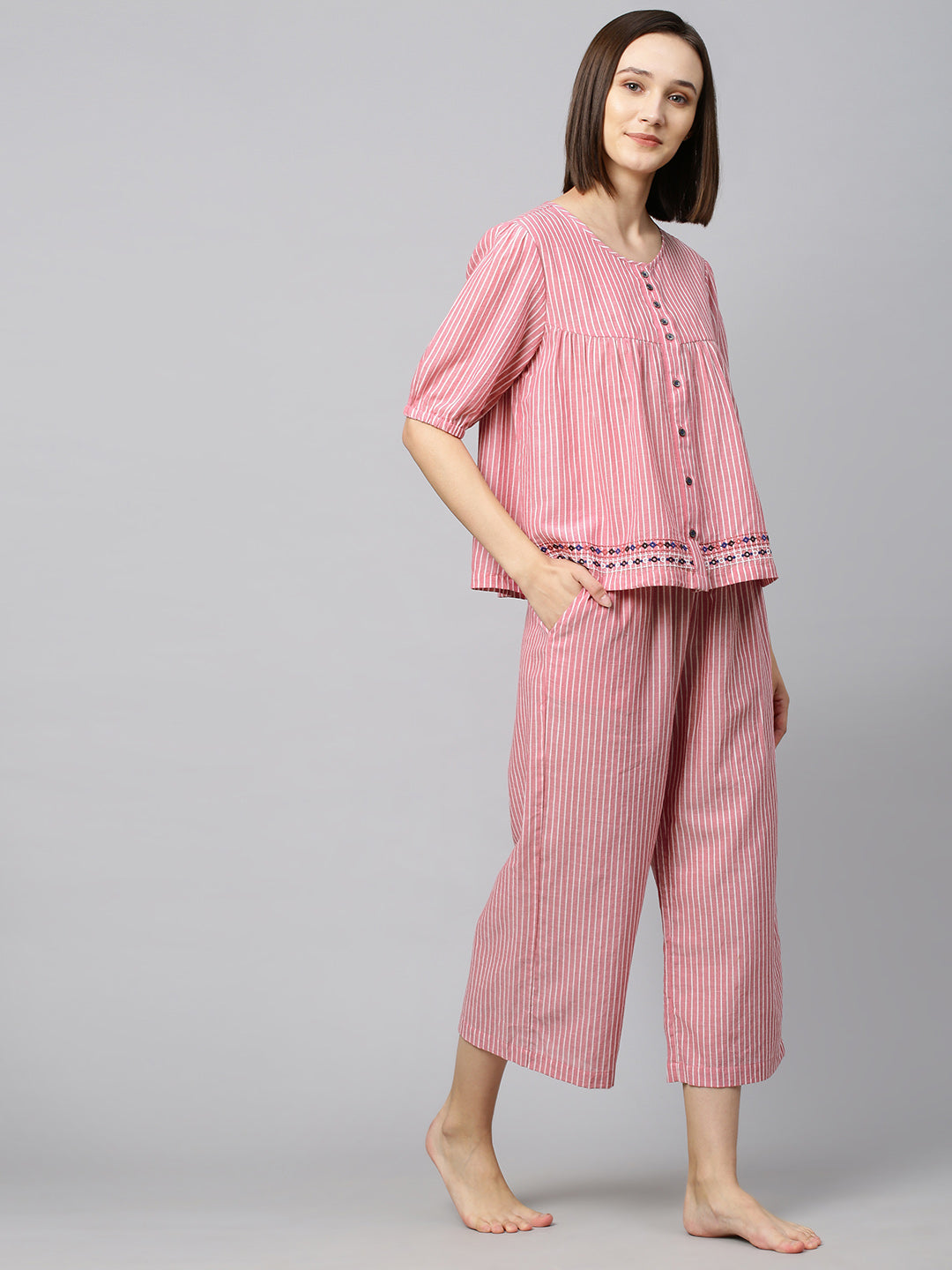 Embroidered Striped Lounge Set