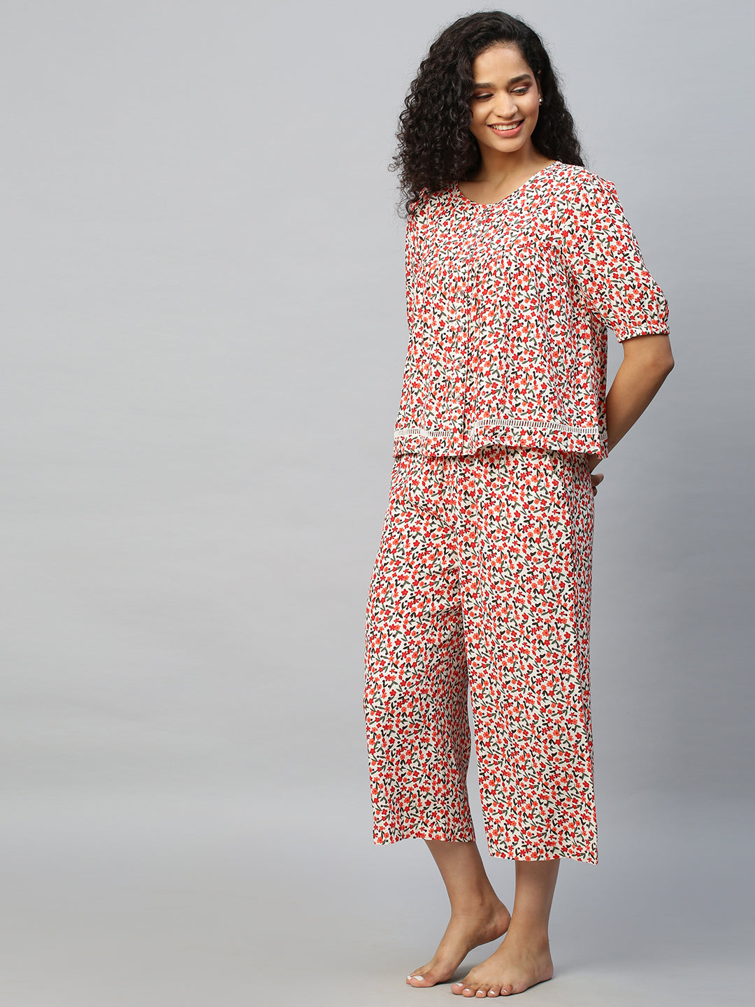 Floral Printed Viscose Crepe Swing Chemise And Cropped Lounge Pj Set