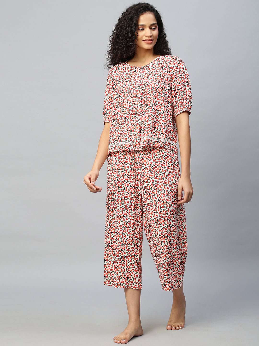 Floral Printed Viscose Crepe Swing Chemise And Cropped Lounge Pj Set