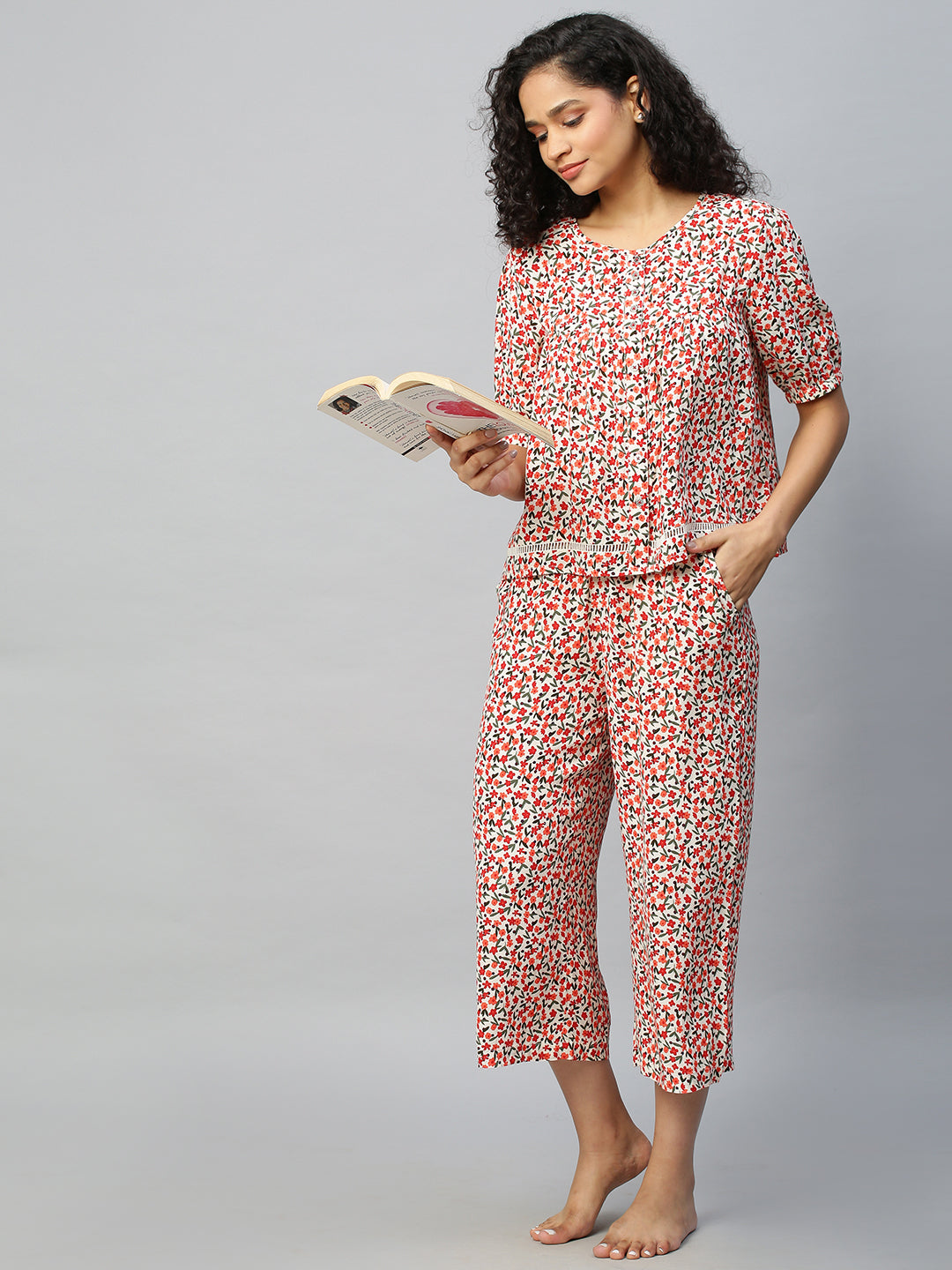 Floral Printed Viscose Crepe Swing Chemise And Cropped Lounge Pj Set