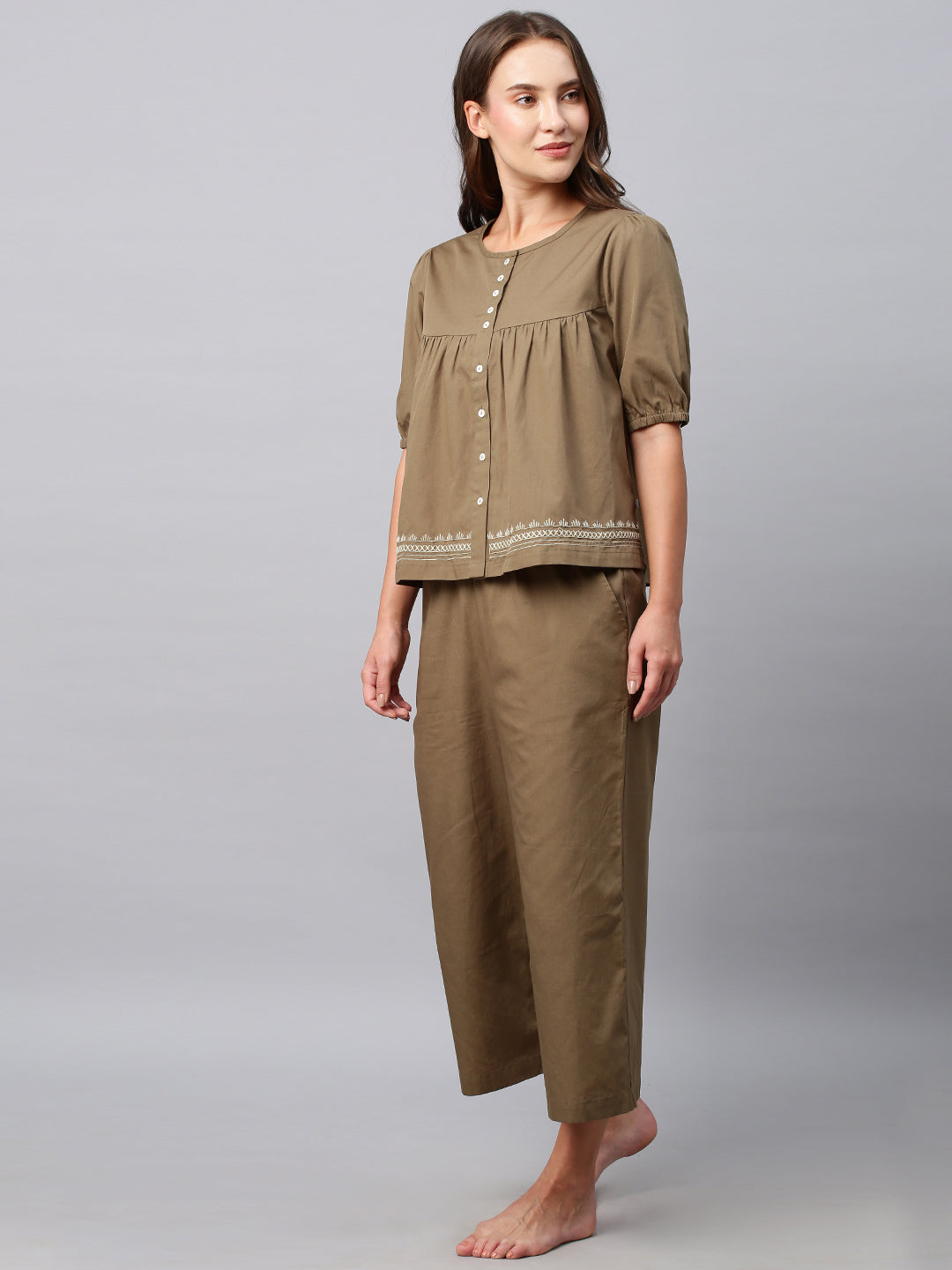 Crisp Poplin Co-Ord Set  With An Embroidered Swing Basque Top And Cropped Pj's