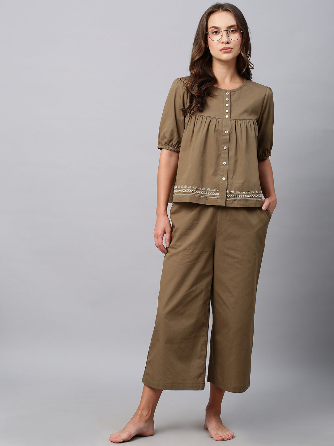 Crisp Poplin Co-Ord Set  With An Embroidered Swing Basque Top And Cropped Pj's