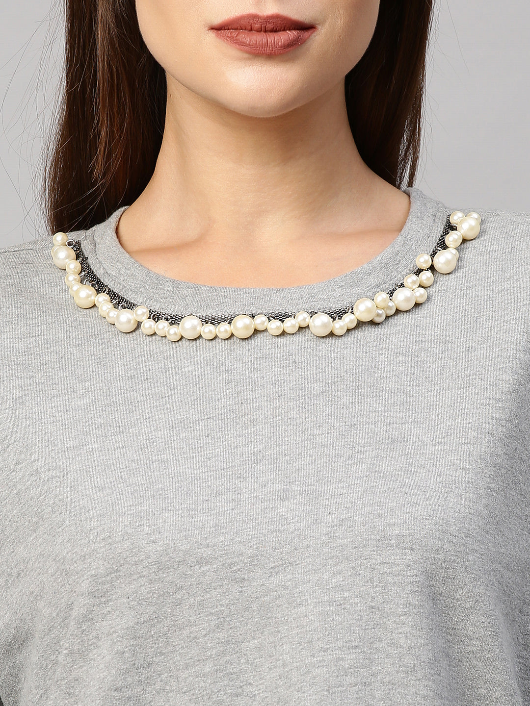 French Terry Drop Shoulder Sweatshirt With Pearl Embroidery