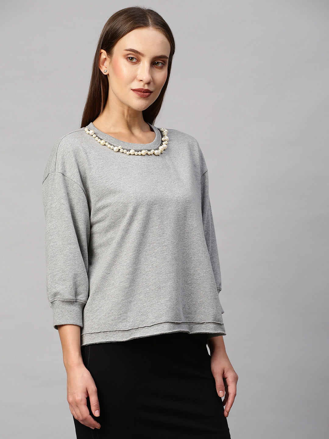 French Terry Drop Shoulder Sweatshirt With Pearl Embroidery