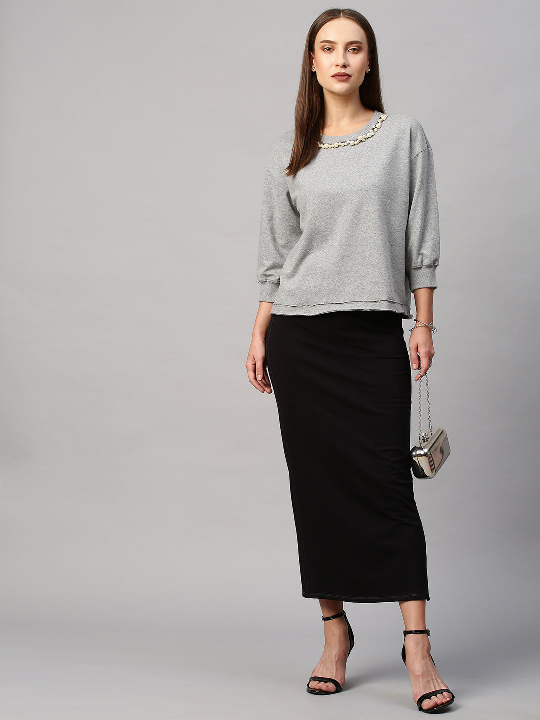 French Terry Drop Shoulder Sweatshirt With Pearl Embroidery