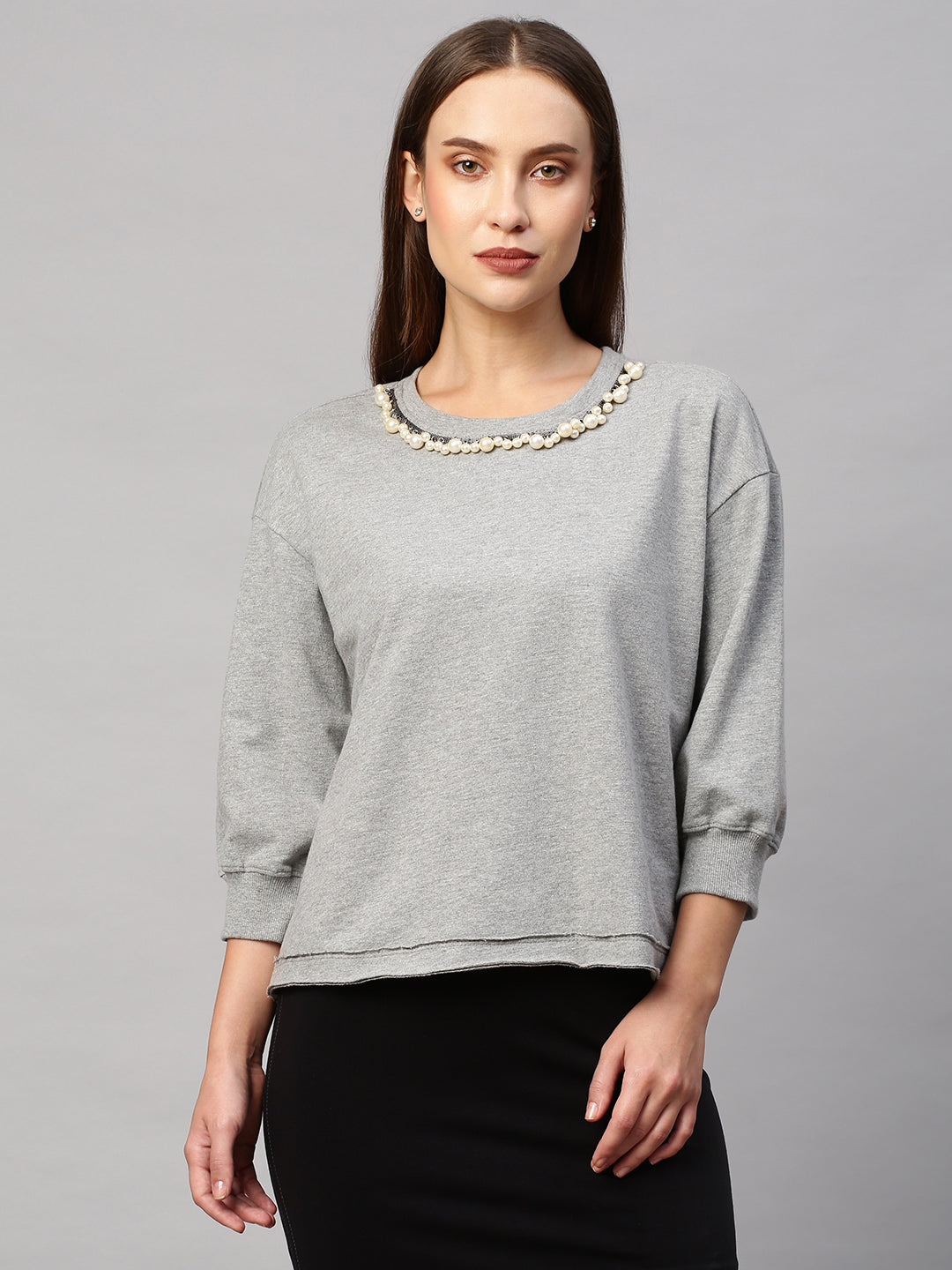 French Terry Drop Shoulder Sweatshirt With Pearl Embroidery