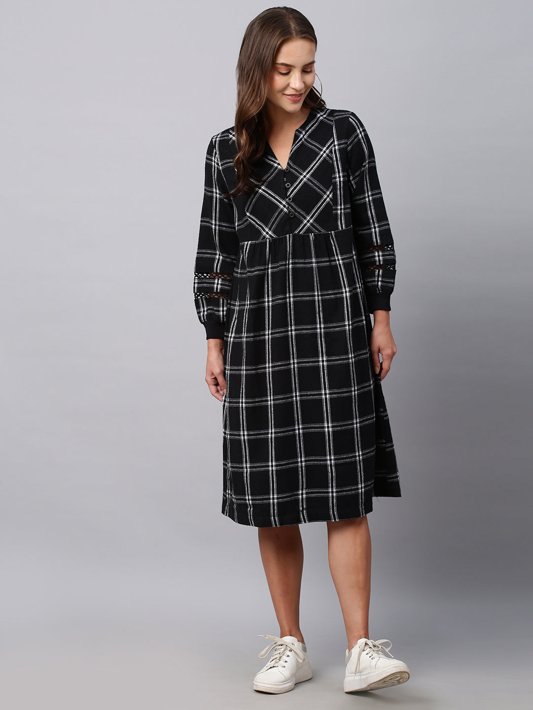 Brushed Flannel Basque Dress W/ Lace Inserts And Rib Cuffed Sleeves