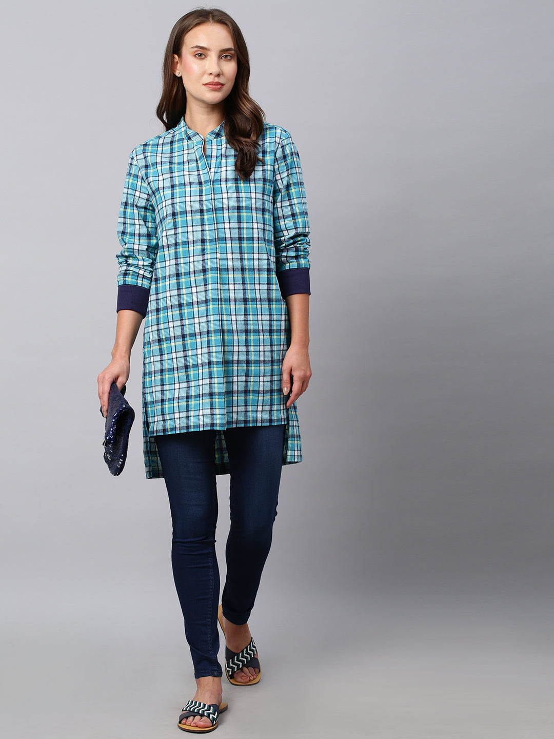 Brushed Flannel Pop Over Longline Shirt With Ribbed Cuffs