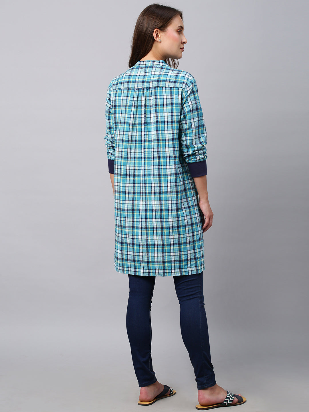 Brushed Flannel Pop Over Longline Shirt With Ribbed Cuffs