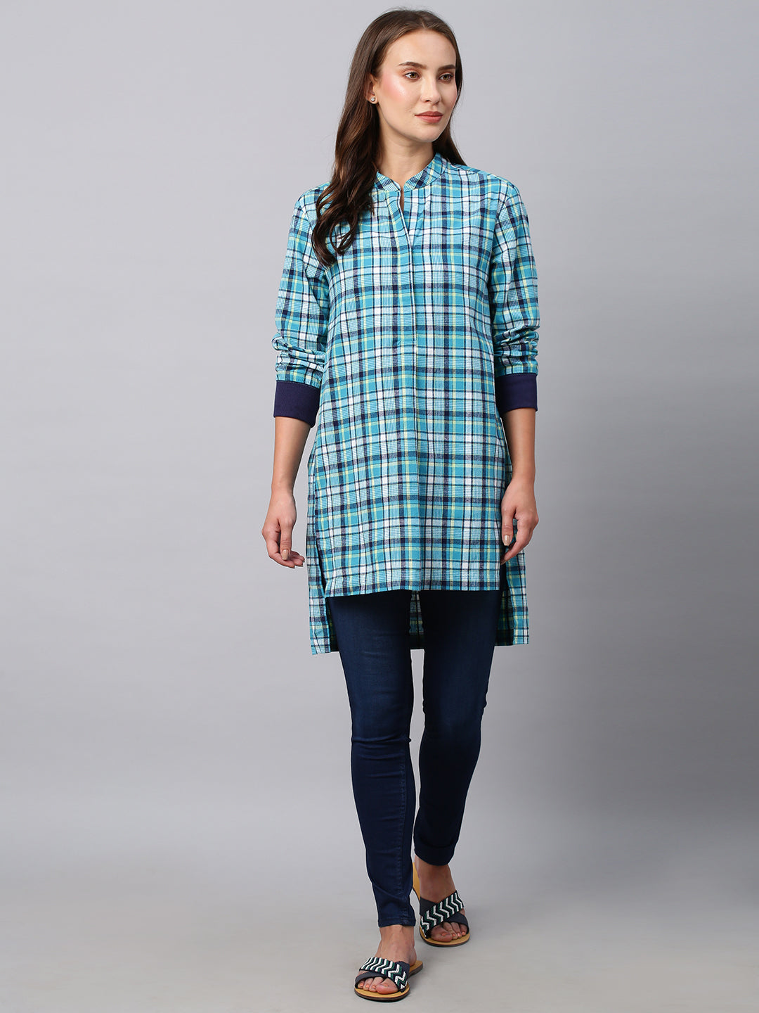Brushed Flannel Pop Over Longline Shirt With Ribbed Cuffs