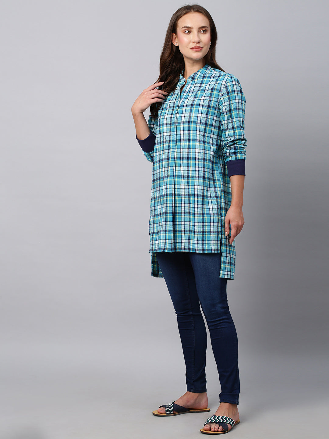 Brushed Flannel Pop Over Longline Shirt With Ribbed Cuffs
