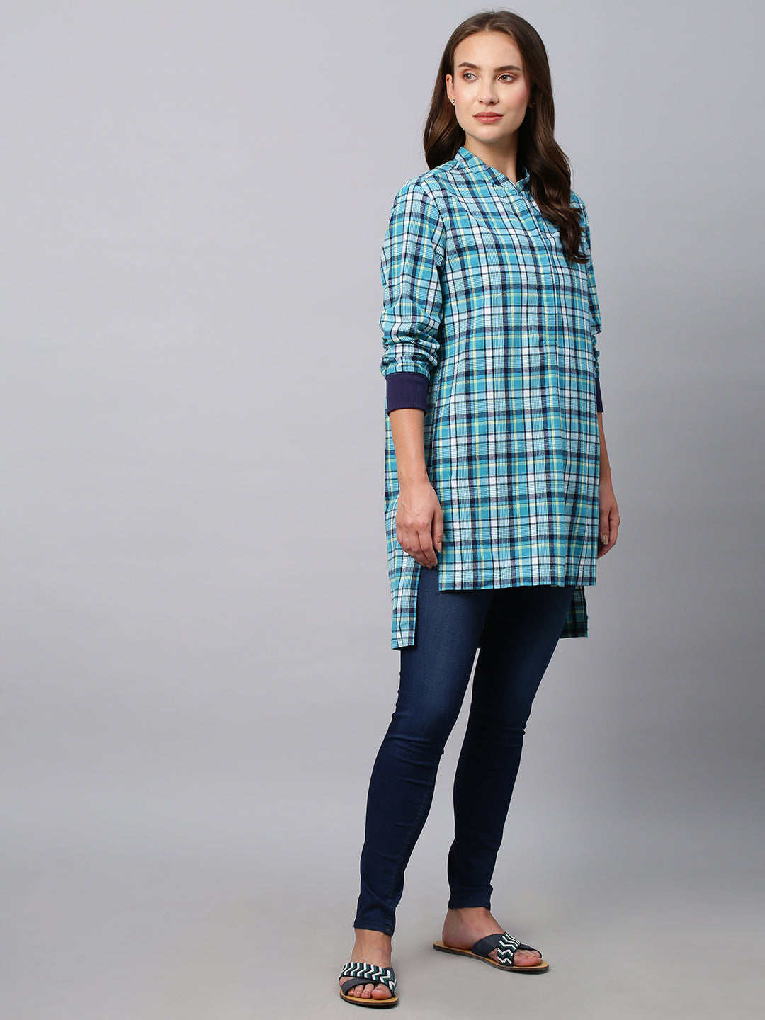 Brushed Flannel Pop Over Longline Shirt With Ribbed Cuffs