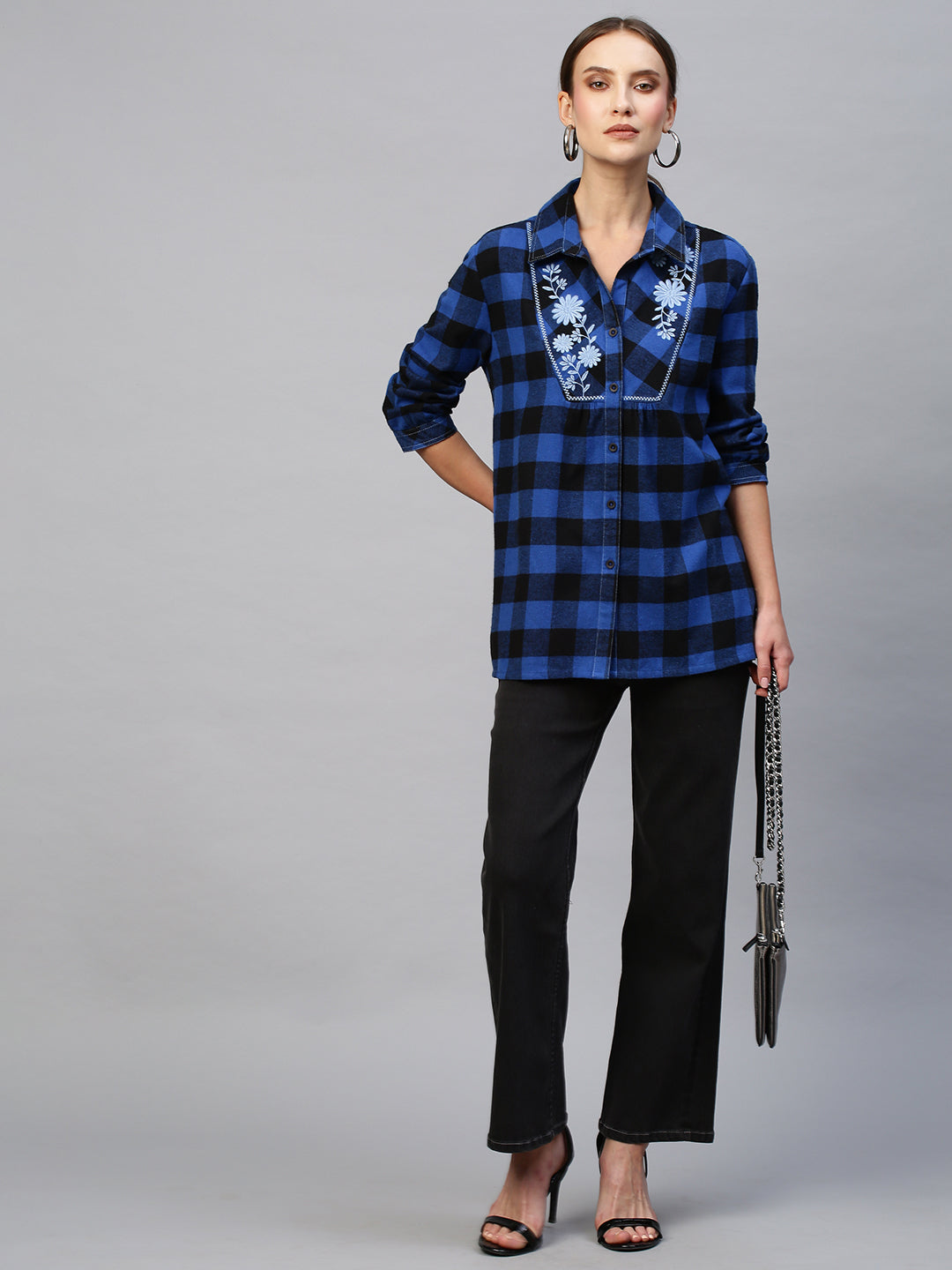 Embroidered Yoke Brushed Flannel Gingham Plaid Shirt