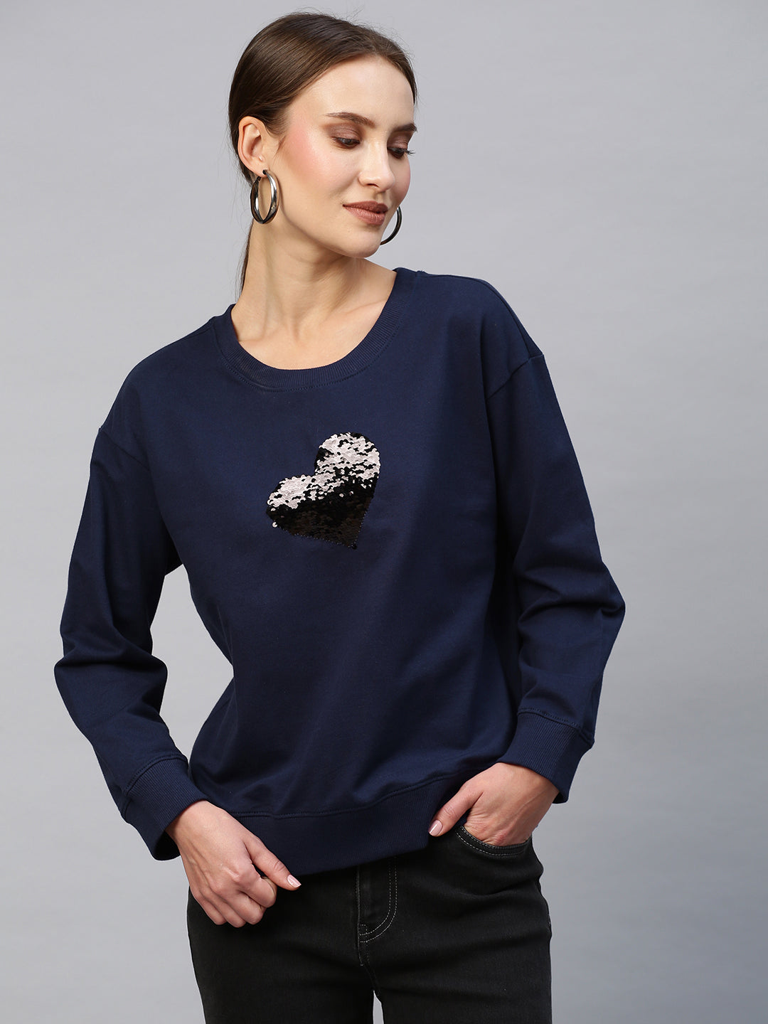French Terry Sweatshirt With "Heart" Sequinned Embroidery