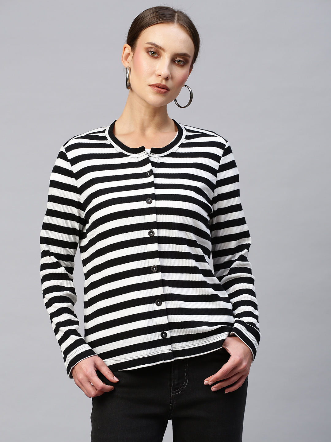 Ribbed Striped Button Down Cardigan