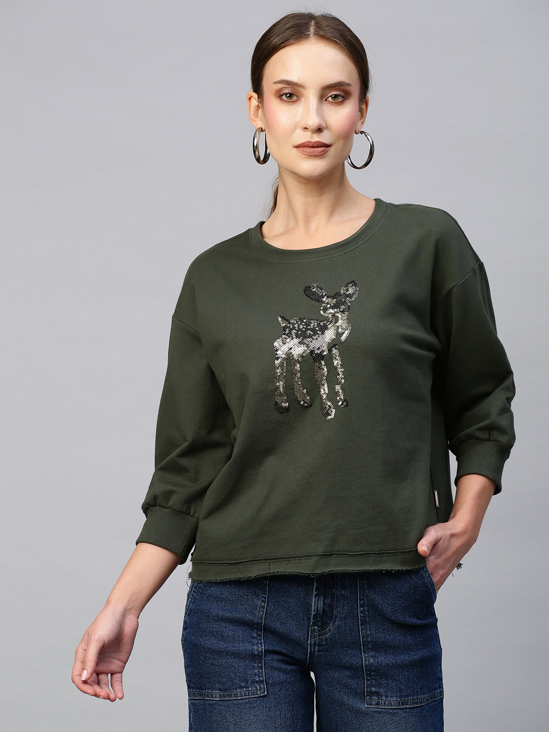 French Terry Deer Sequinned Embroidery Sweatshirt