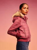 PUFFER BOMBER W/ FAUX FUR LINED HOODIE