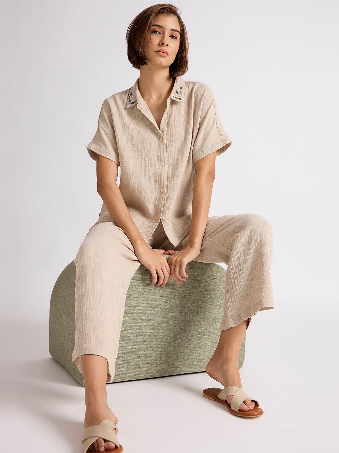 COTTON DOUBLE FABRIC TEXTURED LOUNGE SET