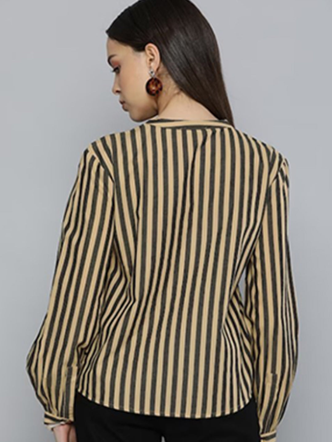 Beige & Black Striped Mandarin Collar Pure Cotton Formal Top