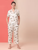 LEOPARD PRINTED SATIN NIGHTSUIT W/ RIC RAC TRIMMING