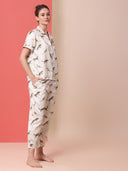 LEOPARD PRINTED SATIN NIGHTSUIT W/ RIC RAC TRIMMING