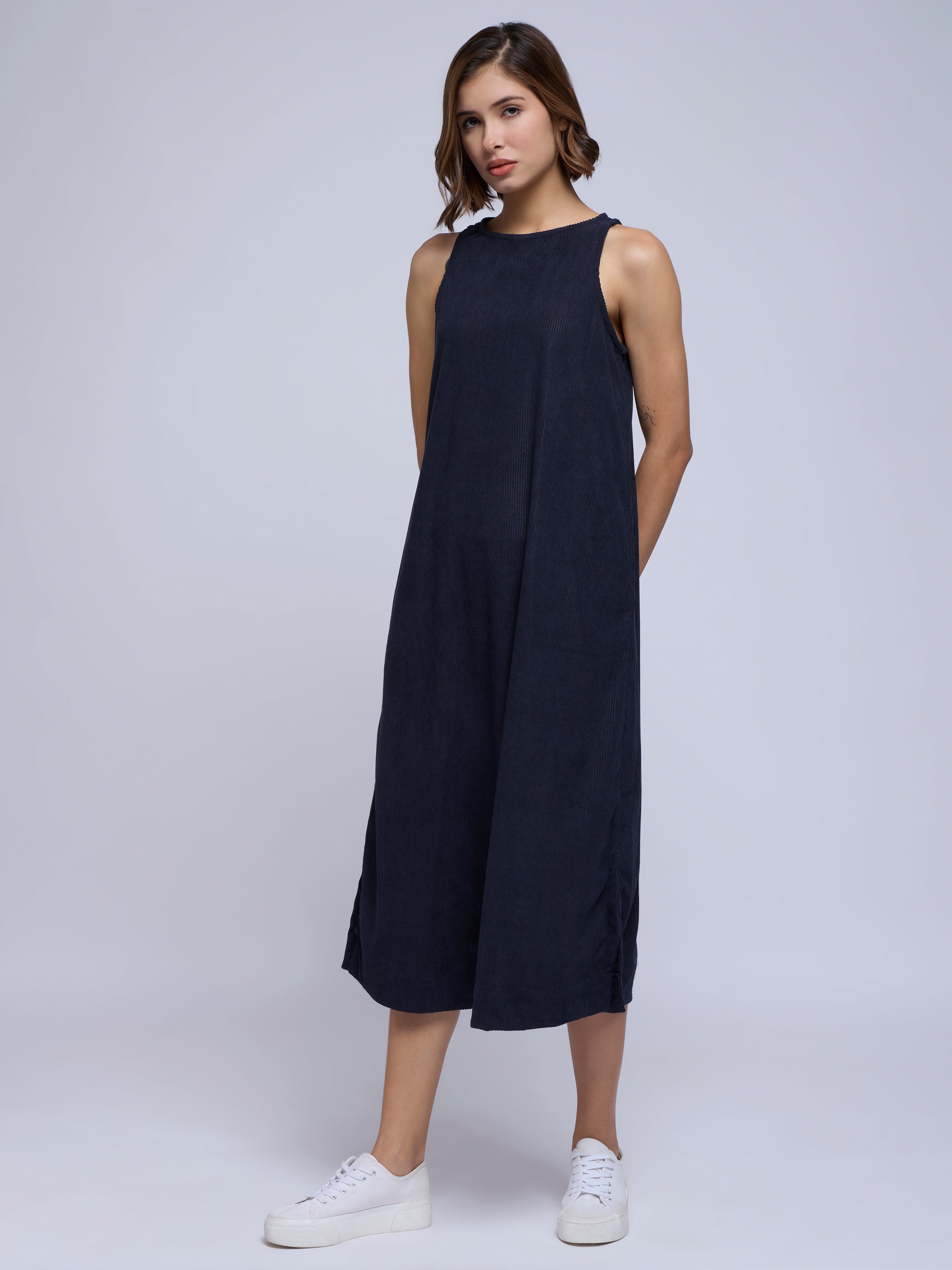CORDROY A-LINE DRESS IN NAVY