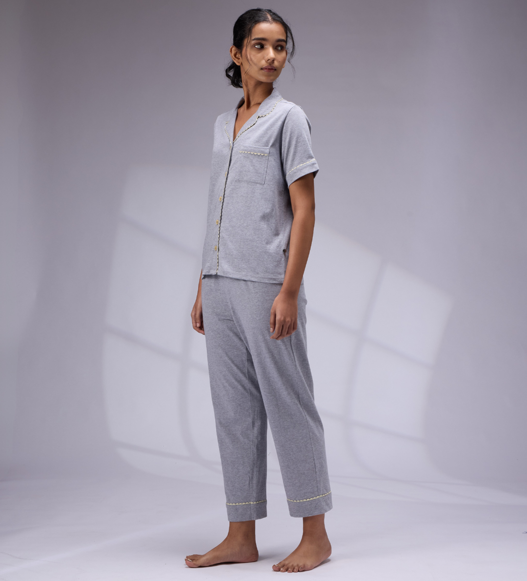 GREY MILANGE LAPEL COLLARED NIGHT SUIT