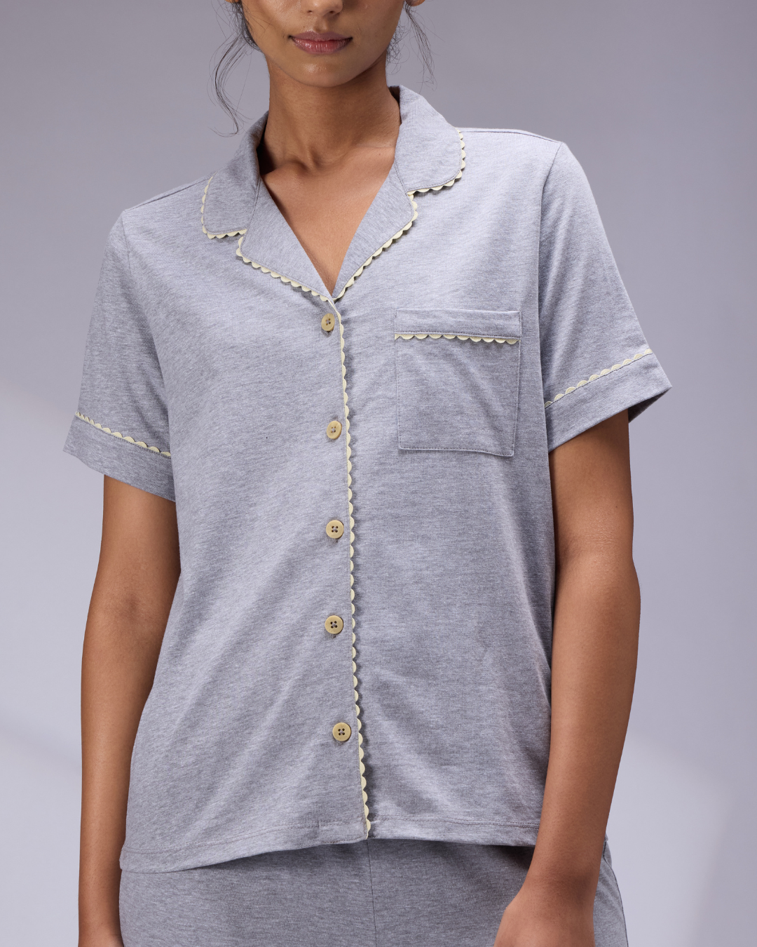 GREY MILANGE LAPEL COLLARED NIGHT SUIT