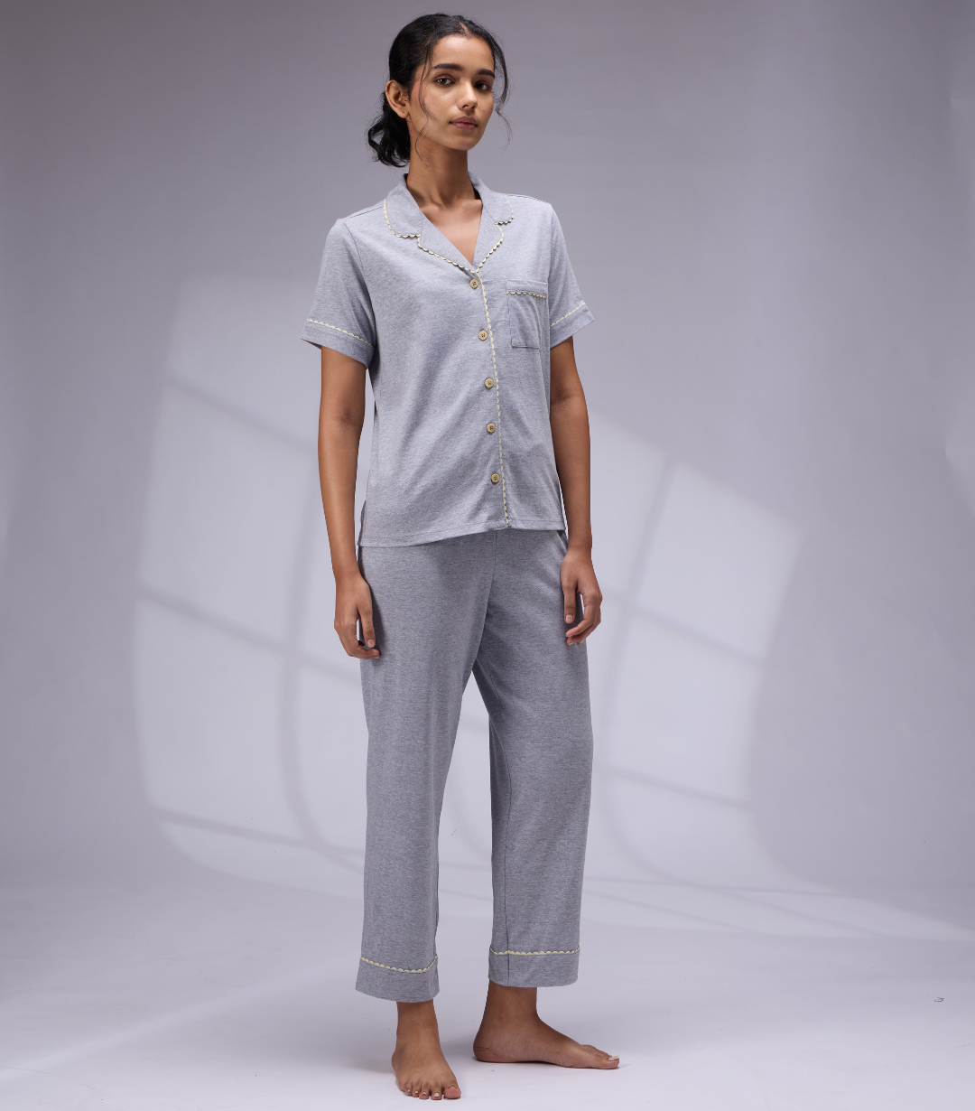 GREY MILANGE LAPEL COLLARED NIGHT SUIT