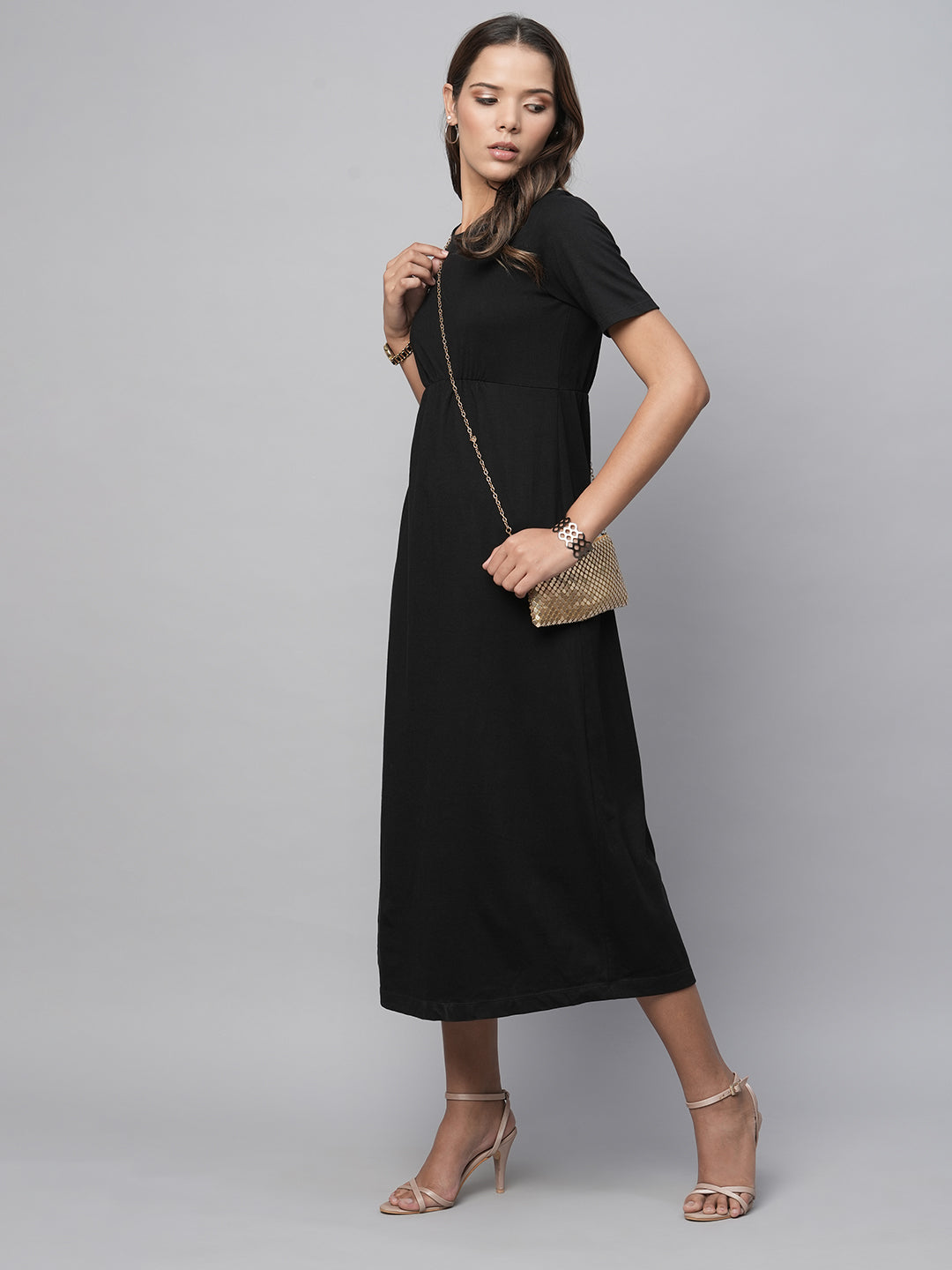 Cotton Jersey Basque Midi Length Black Dress