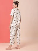 LEOPARD PRINTED SATIN NIGHTSUIT W/ RIC RAC TRIMMING