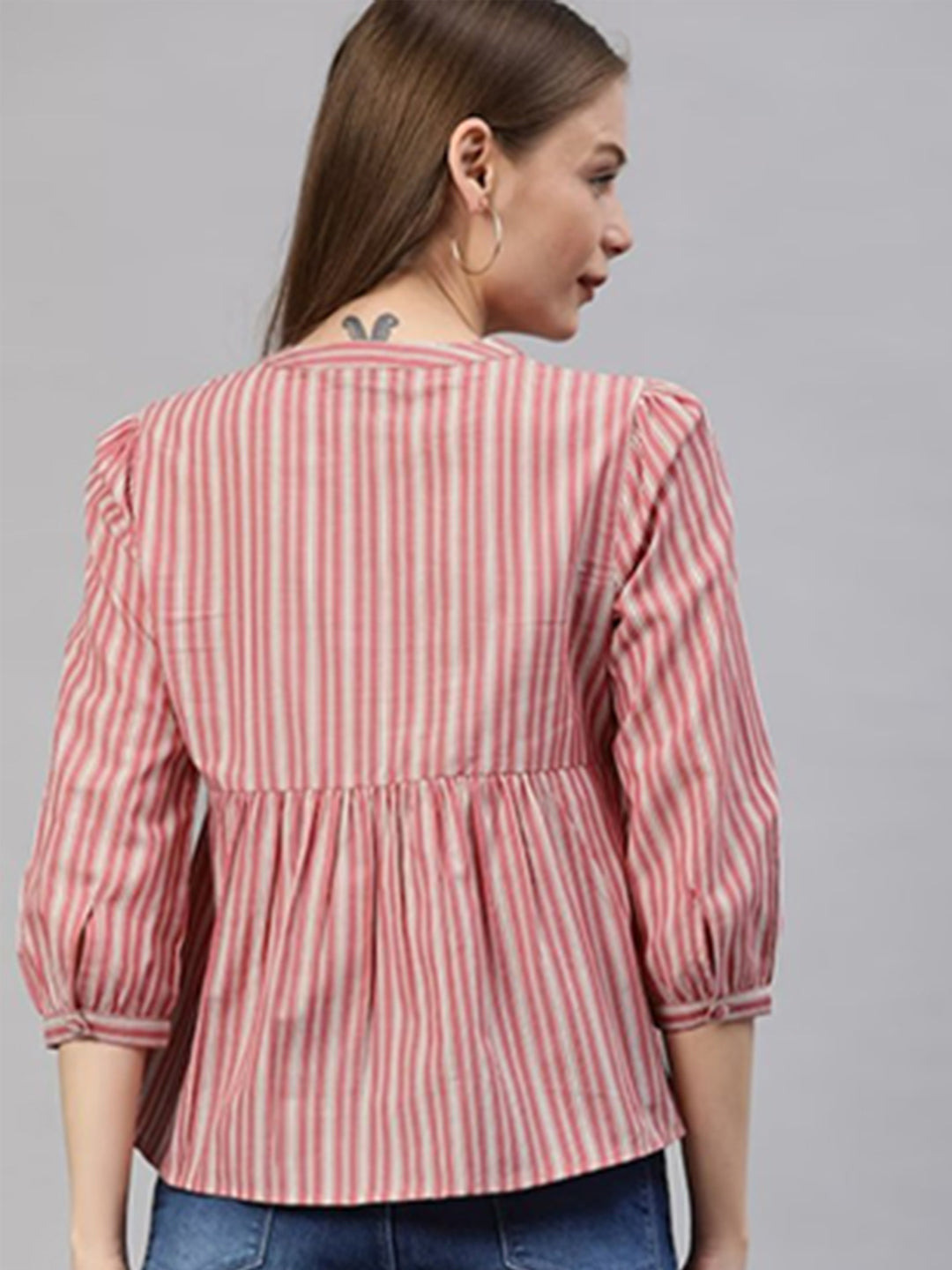 Women Pink & White Striped A-Line Top with Embroidery Detail