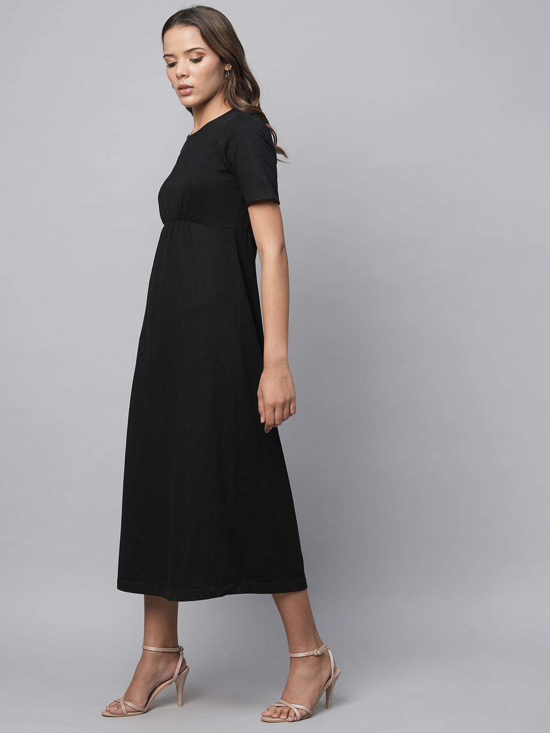 Cotton Jersey Basque Midi Length Black Dress