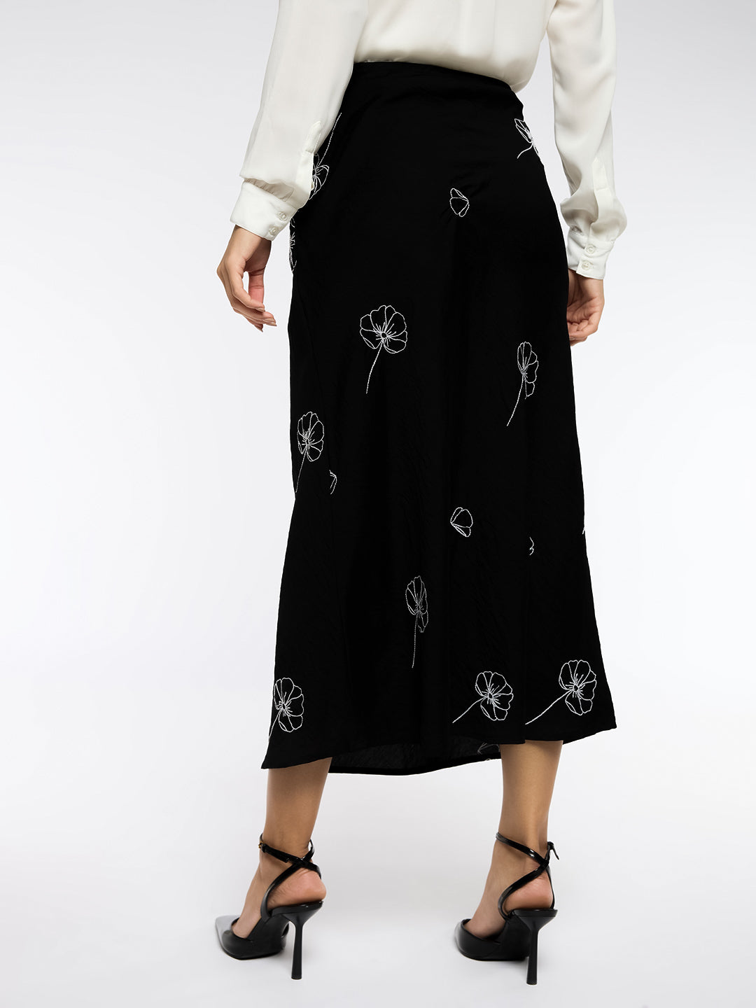CRUSHED SATIN EMBROIDERED BIAS SKIRT