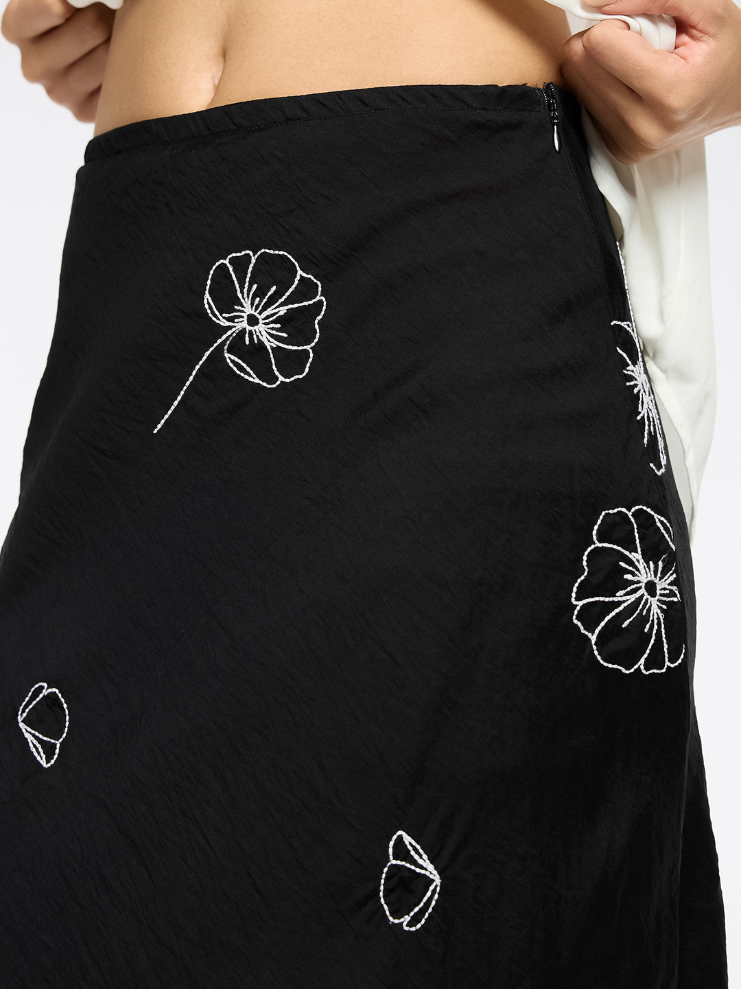 CRUSHED SATIN EMBROIDERED BIAS SKIRT