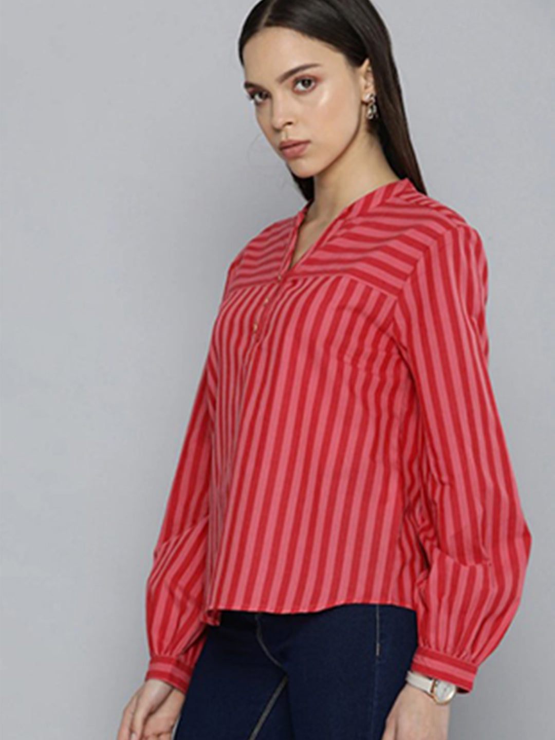 Red & Pink Striped Henley Top