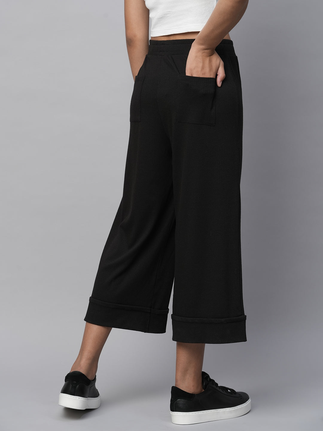 Ribbed Knit Wide Leg Cropped Lounge Pants With A Cuffed Hemline