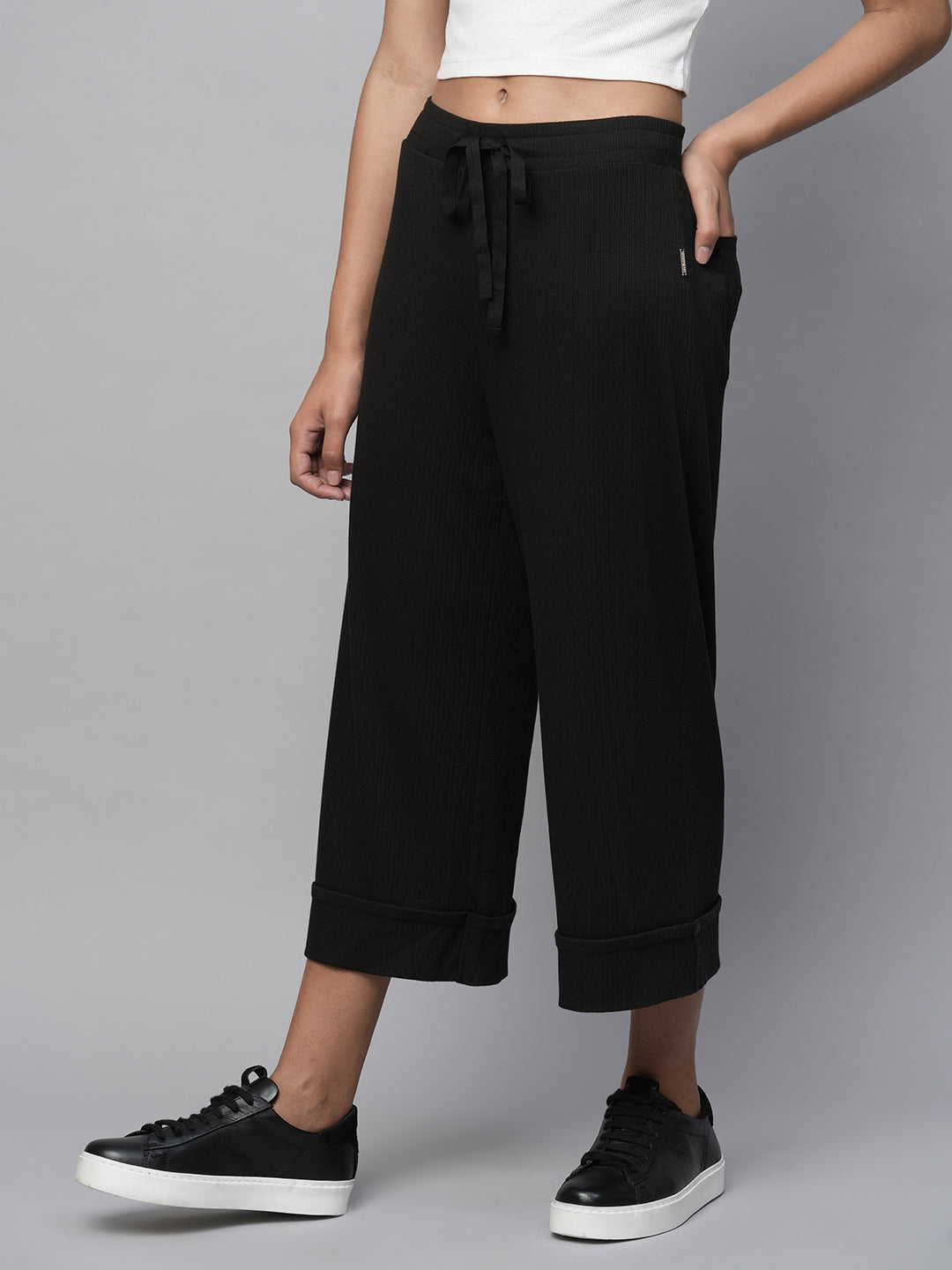 Ribbed Knit Wide Leg Cropped Lounge Pants With A Cuffed Hemline