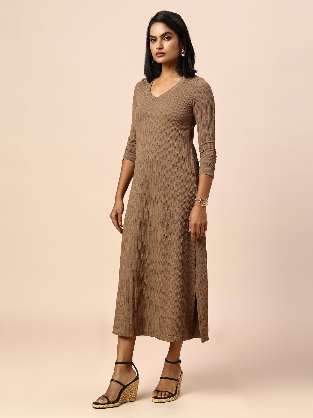 TEXTURED KNIT A-LINE DRESS W/ SIDE SLITS